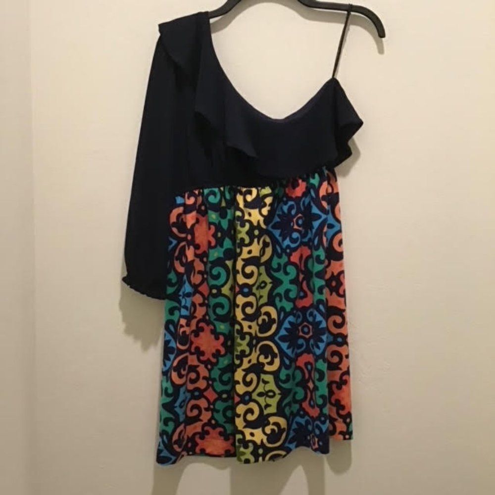 Judith March womens one shoulder dress, large, blue and multicolor